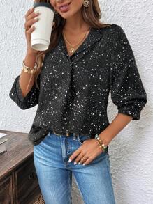 SHEIN LUNE بلوزة نسائية أنيقة مطبوعة بالورق المقوى، مع طوق منحدر الأكمام متوسطة الطول، مناسبة للمكتب والتنقل والحفلات - الذهبي - مشاهدة 3