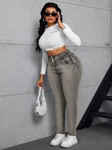 SHEIN SXY Jeans skinny de cintura alta con bolsillos decorados talla grande