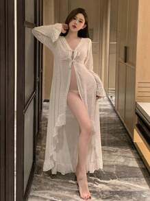 DAZY Romantic Heart Sequins Decoration Sheer Short Front Long Back Ruffle Trim Tie Waist Sleepwear Robe For Women Pajama - White - View 7
