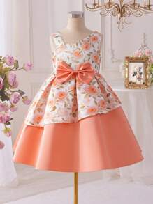 SHEIN Glamorique Kids Tween Girls Elegant Satin Floral Print Sleeveless Summer Princess Dress, Suitable For Daily, Party, Meeting, Displays Graceful, Innocent & Vibe