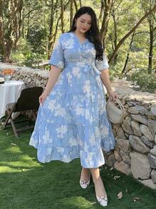 Dazy Petite Plus Plus Size Blue Floral Print V-Neck Cinched Waist Long Dress, Spring/Summer - Blue - View 6