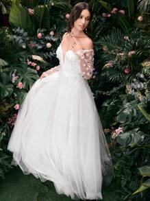 Coutiva Elegant Off Shoulder White Wedding Dress With 3D Floral Decor Wedding Dresses For Bride Bridal Gown Women Wedding Dresses Wedding Women Dresses Wedding Dress Long Sleeve,Reception Dress For Bride White Dress For Women Women Dress Wedding Wedding Dresses Woman Dress - White - View 1