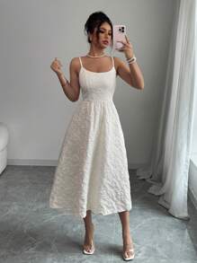 Elenzga Boho Style Apricot Color Textured Floral Print Spaghetti Strap Wide A-Line Dress, Spring/Summer Resort