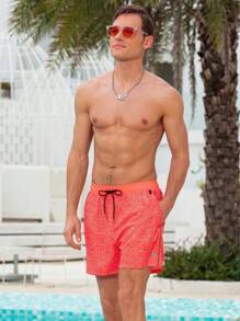 Surfspeed Men's Front Tie Waist Printed Casual Beach Shorts, Vacation Holiday Style Men Swim Trunks - Red - View 4