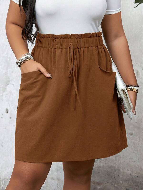 SHEIN LUNE Plus Size Elastic Waist With Ruffle Trim Pocket Skirt