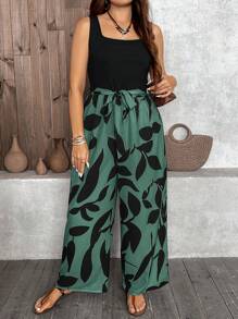 SHEIN LUNE Plus Size Women Plant Print Sleeveless Wide Leg Jumpsuit St. Patrick's Day Outdoor Essential For Daily Wear For Summer