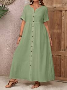 EMERY ROSE Plus Size Summer Countryside Round Neck Single-Breasted Casual Summer Dress, Suitable For Vacation,Summer Clothes,Vacation Outfits Woman / Vacation