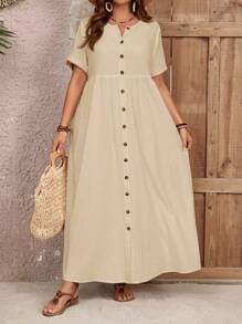 EMERY ROSE Plus Size Summer Countryside Round Neck Single-Breasted Casual Summer Dress, Suitable For Vacation