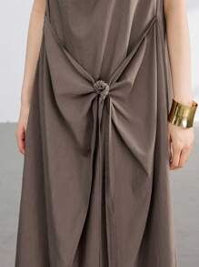 Dazy-Less Vestido de mujer de media pantorrilla con cuello con cordón, botones y diseño de lino de unicolor, estilo antiguo casual, para el verano