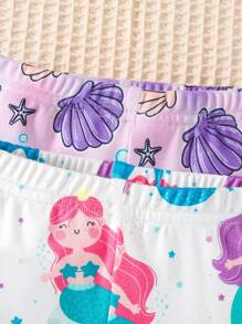 4-Piece Set Baby Girls Cute Mermaid & Banana Print Solid Long Sleeve Snug Fit Bodysuit And Leggings Pajamas, Minimalist & Fashion - Multicolor - View 6