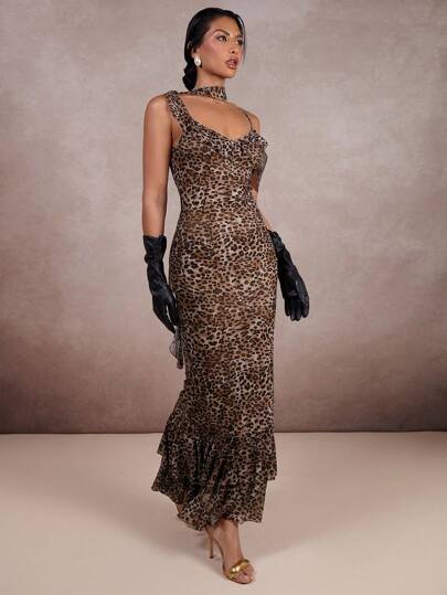 COSMINA Women's Fashion Leopard Print Asymmetric Neckline Fishtail Dress