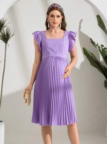 SHEIN Casual Square Neck Ruffle Sleeve Pleated Hem Maternity Dress