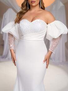 Glamrae Plus Size Elegant Romantic White Sweetheart Neck Puff Sleeve Luxury Sequin Patchwork Knitted Fabric Mermaid Hem With Train Wedding Dress - White - View 4