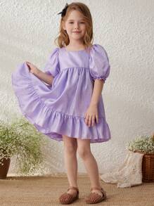 Blossori Young Girls' Purple Elegant Smocked Waist A-Line Puff Sleeve Woven Dress, Spring/Summer - Purple - View 5