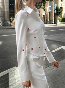 SHEIN EZwear Women's Casual Valentine's Day Shirt Heart Pattern Button Shirt Collar Long Sleeve Casual Shirt