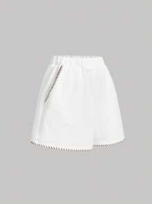 SHEIN MOD Short taille moyenne en velours côtelé de couleur unie avec nœud en couleur contrastée - Blanc - Voir 5