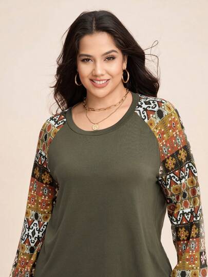 SHEIN LUNE Plus Size Women Geometric Print Round Neck Raglan Sleeve Long Sleeve Casual T-Shirt, Autumn Ramadan Summer/Spring Clothes Going Out Tops Women,Business Casual Woman,Summer,Cute Shirts,Office Vacations Woman Business Casual Woman St Patrick Day Vacation Style, Holidays