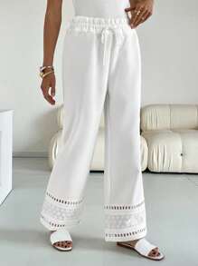 SHEIN Essnce Vacation Casual Solid Color Embroidery Patchwork Drawstring Waist Long Pants - White - View 3