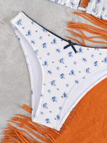 Swim Mod Women's Romantic Holiday Cute Blue & White Porcelain Ditsy Floral Print Triangle Bikini Set , For Summer Beach Vacation - Multicolor - View 3