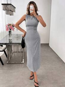 SHEIN LUNE Casual Women Round Neck Sleeveless Dress - Grey - View 7