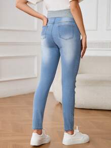 SHEIN Maternity Solid Color Patchwork Front Button Pocket Distressed Casual Jeans Summer Outfits For Women Skinny Jeans For Women