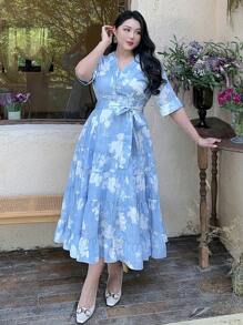 Dazy Petite Plus Plus Size Blue Floral Print V-Neck Cinched Waist Long Dress, Spring/Summer - Blue - View 5