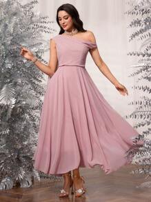 Modelyn Vestido de gasa con volante asimétrico en el hombro, cintura con volante y bajo acampanado, elegante para mujeres, vestido para invitados de boda