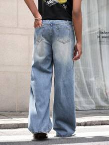 SHEIN 青少年男孩休闲时尚柔软舒适混合酷炫休闲基础蓝色宽松男孩牛仔裤适合日常穿着和返校男孩服装 - 藍色 - 查看 2