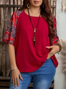 EMERY ROSE Plus Size Solid Color Block Round Neck Short Sleeve Casual Blouse, Boho For Women, Summer, Western Wear Women, Vacation Woman, Spring - Red - View 1
