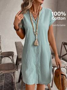 EMERY ROSE 實心缺口紐扣前蝙蝠袖襯衫裙 - 綠色 - 查看 8