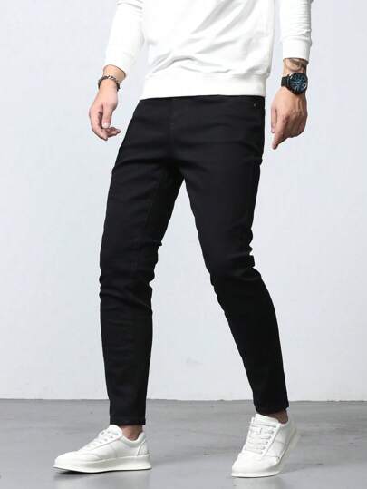 Manfinity Homme Men Cotton Solid Skinny Jeans Slim Fit Long Washed Dark Wash Jean Cargo Plain Black Work Business Casual Husband Going Out Vacation Urban Work