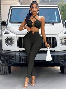 VaVaBold 女士性感环扣短款背心和裤子套装