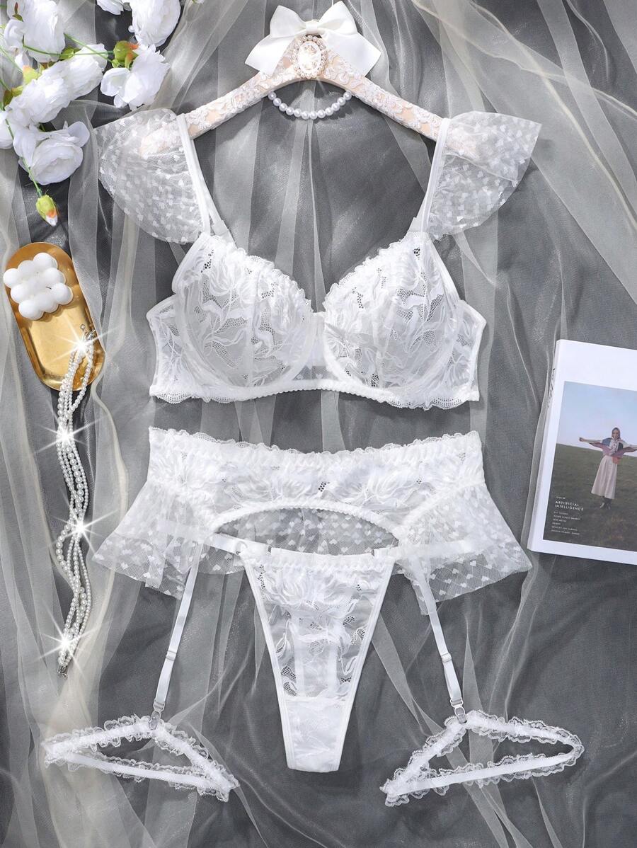 5pcs Set Lace Patchwork White Classic Sexy Wedding Lingerie Set - White - View 1