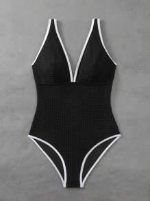 SHEIN Swim Women's One-Piece Black And White V-Neck Sexy Holiday Knitted Casual One Piece Swimsuit For Summer Beach Vacation
