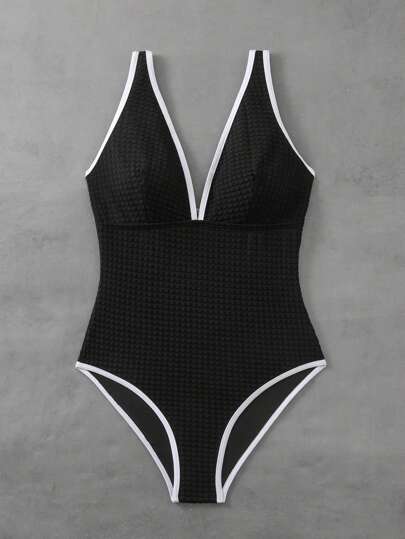 SHEIN Swim Women's One-Piece Black And White V-Neck Sexy Holiday Knitted Casual One Piece Swimsuit For Summer Beach Vacation
