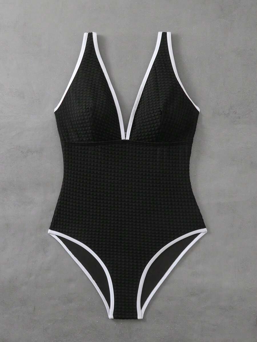 SHEIN Swim Women's One-Piece Black And White V-Neck Sexy Holiday Knitted Casual One Piece Swimsuit For Summer Beach Vacation