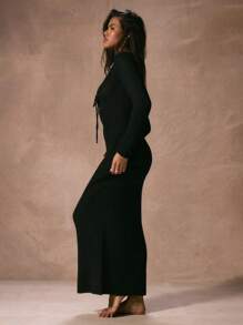 Musera Resort 开领钩针编织系带低背长袖超长连衣裙海滩罩衫度假春夏优雅性感度假村伊比沙岛泳装黑色圣诞节 - 黑色 - 查看 2