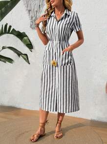 EMERY ROSE 女式前扣短袖条纹休闲衬衫裙 - 黑與白 - 查看 7