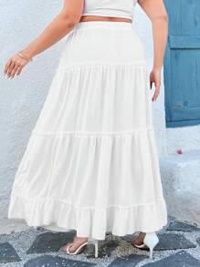 SHEIN Clasi 大码女式优雅荷叶边开叉纯色度假半身裙 - 白色 - 查看 2