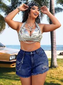 SHEIN ICON Plus Size Women Ripped Pocketed Casual Versatile Denim Shorts - Medium Wash - View 4