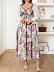 SHEIN Frenchy Robe de femme grande taille élégante et romantique avec impression de surpiqûre, bordure de taille, couleur bloc, col V en mousseline, modeste, convient pour la Saint-Valentin