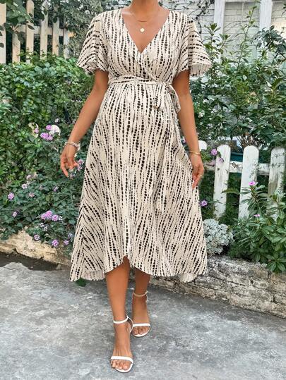 SHEIN Zwangerschapsjurk met korte mouwen en allover print, casual lange jurk, resort zomerjurk, nieuwe aankomst