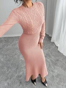 Chiquease Fashionable Fitted Round Neck Long Sleeve Cable Knit Fishtail Hem Brown Sweater Dress For Women, Autumn/Winter