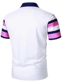Manfinity Homme 男士商务通勤：休闲日常穿着，INS 同色系蓝白粉条纹撞色高尔夫 Polo 衫。胸前饰有精致的骑马英雄图案，采用纽扣门襟设计。清爽透气，是春夏的理想之选，适合休闲运动，也是送给男友或丈夫的绝佳礼物。 - 彩色 - 查看 3