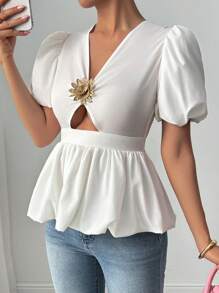 Chiquease Women's Spring/Summer Cap Sleeve V-Neck Cutout Elegant Romantic Sweet Cap Sleeve 3D Embroidered Metallic Floral Fitted Cropped Peplum Blouse, Suitable For Music Festival, Mother's Day, Casual Summer Wear - White - View 6