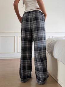 SHEIN EZwear Pantalones largos casuales de estilo sencillo con empalme y cordones en la parte delantera, para uso diario de mujer
