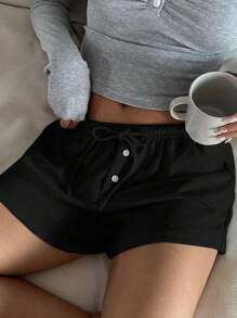 SHEIN EZwear Shorts de punto de unicolor con nudo delantero, uso casual diario para mujer