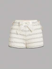 SHEIN MOD Quần short bó sát phối màu mơ và đen, xếp ly và nơ satin, trang phục Valentine, trang phục đi nghỉ mát cho nữ, trang phục mùa hè cho nữ, trang phục đi biển cho nữ, lễ hội Mardi Gras, trang phục dự tiệc rave. - Màu be - Xem 1
