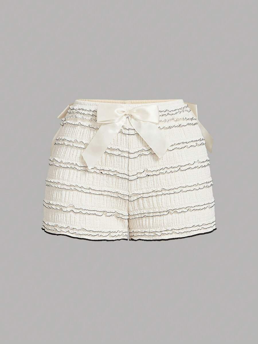 SHEIN MOD Quần short bó sát phối màu mơ và đen, xếp ly và nơ satin, trang phục Valentine, trang phục đi nghỉ mát cho nữ, trang phục mùa hè cho nữ, trang phục đi biển cho nữ, lễ hội Mardi Gras, trang phục dự tiệc rave. - Màu be - Xem 1