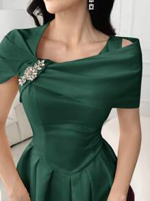 Modelyn Women's Rhinestones Decor Simple Pleated Casual Dress, For Daily Wear - Dark Green - View 3